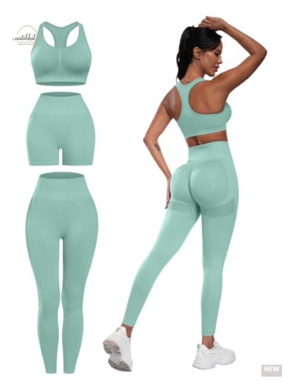 SALSPOR 3 Piece Workout Set Nylon Spandex Leggings Sports Bra Gym Shorts